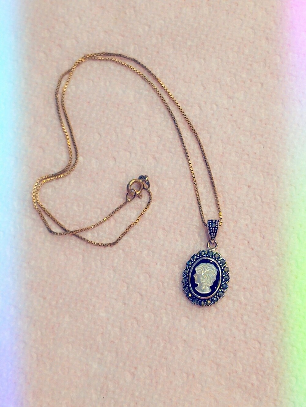 Estate Victorian Style Cameo Pendant Necklace Sterling Silver 925